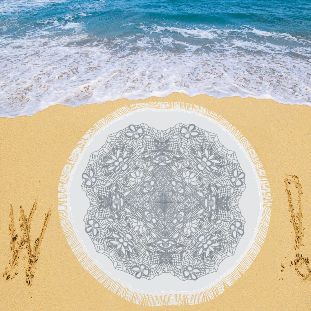 White Crocheted Lace Mandala Pattern Circular Beach Shawl 59"x 59"