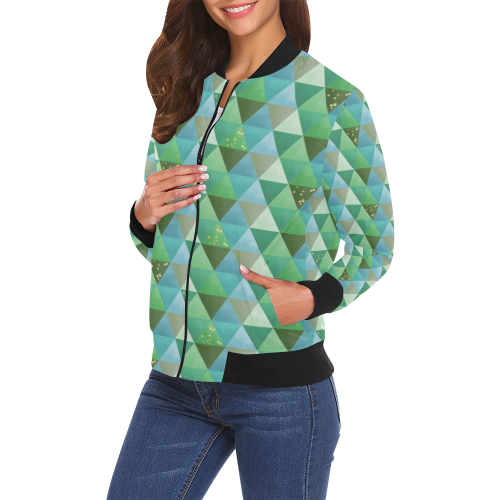 Triangle Pattern - Green Teal Khaki Moss All Over Print Bomber Jacket for Women (Model H19)