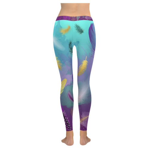 Dancing Feathers - Turquoise and Purple Women's Low Rise Leggings (Invisible Stitch) (Model L05)
