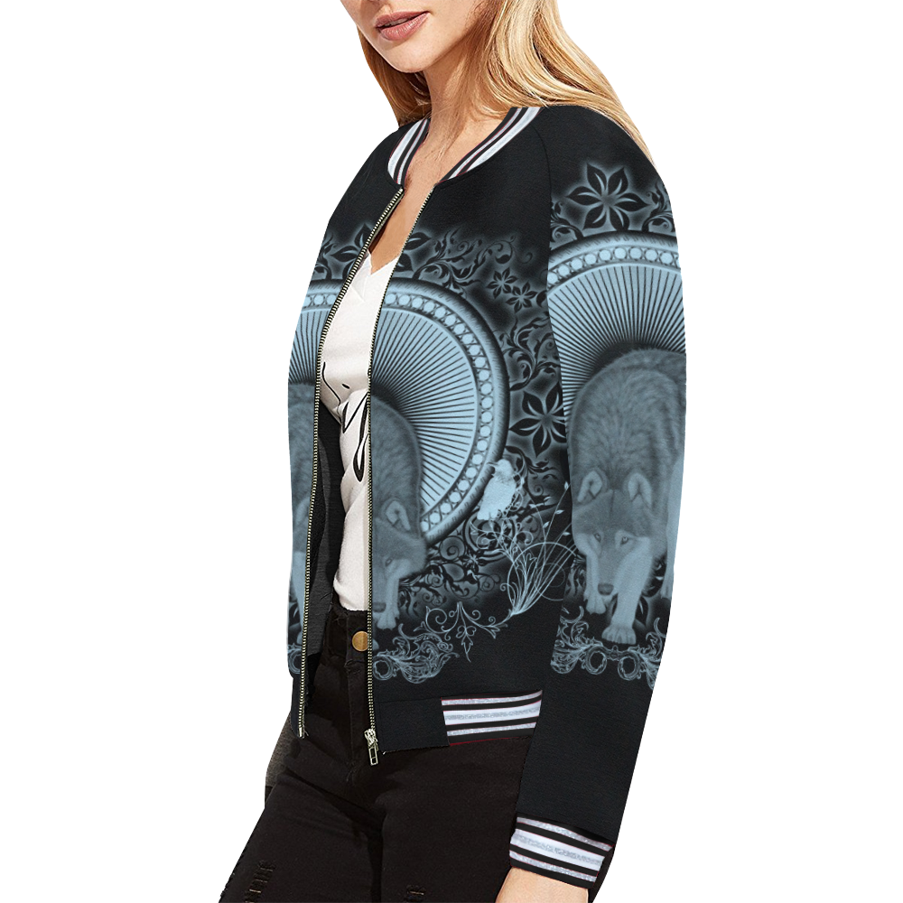 Wolf in black and blue All Over Print Bomber Jacket for Women (Model H21)