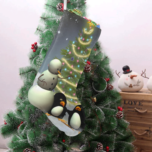 Snowman with penguin and christmas tree Christmas Stocking (Without Folded Top)