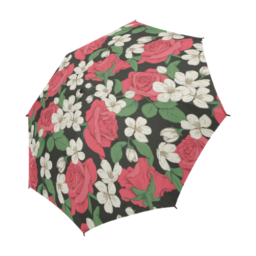 Pink, White and Black Floral Semi-Automatic Foldable Umbrella (Model U05)