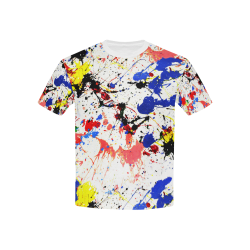 Blue and Red Paint Splatter (White Trim) Kids' All Over Print T-Shirt with Solid Color Neck (Model T40)