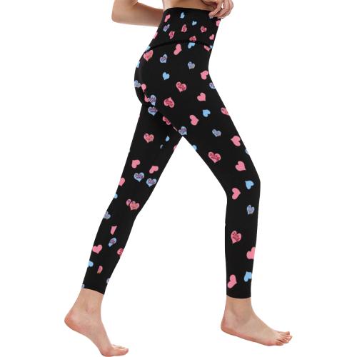Pink-Blue Hearts-Wild Thing-Hot Stuff on Black Women's All Over Print High-Waisted Leggings (Model L36)