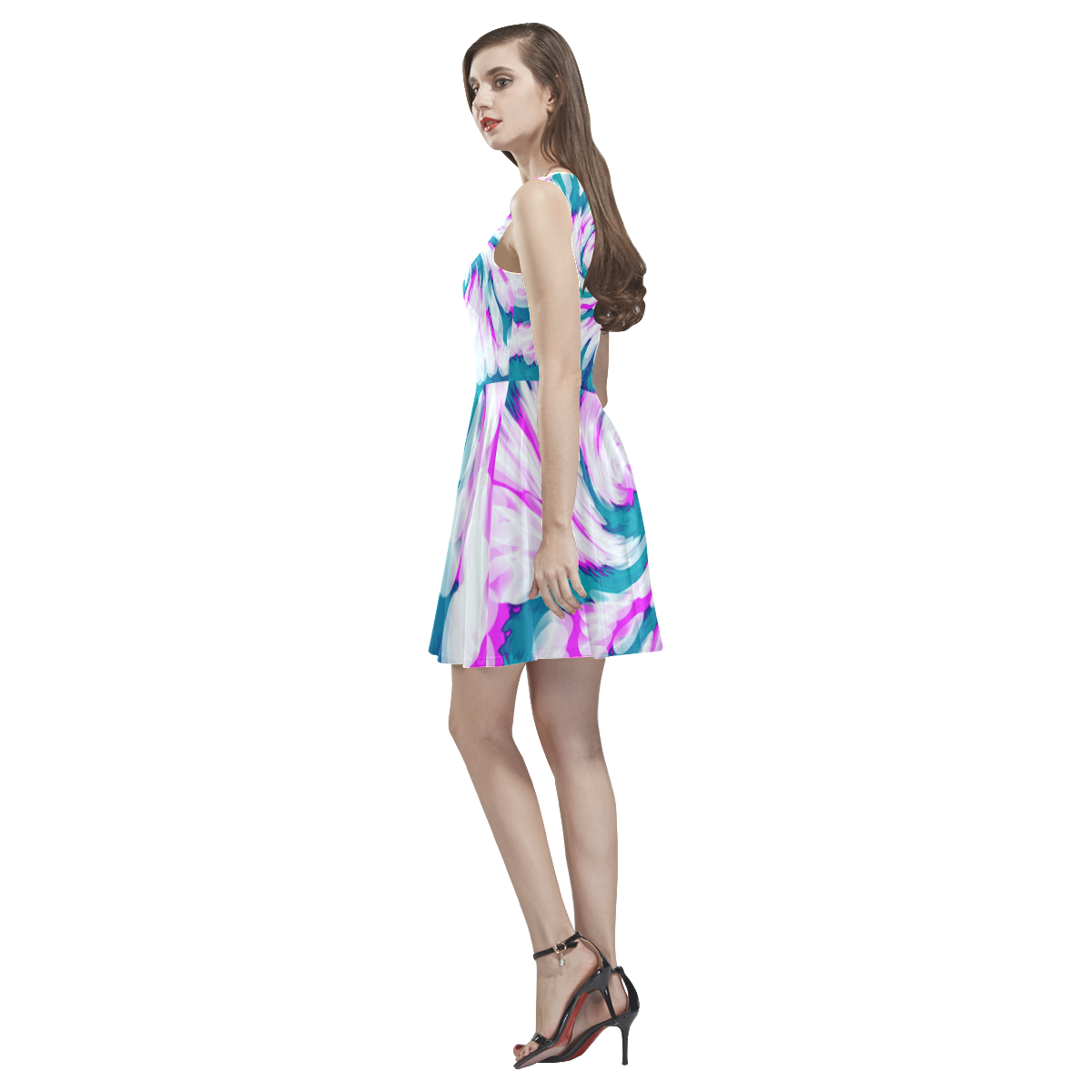 Turquoise Pink Tie Dye Swirl Abstract Thea Sleeveless Skater Dress(Model D19)