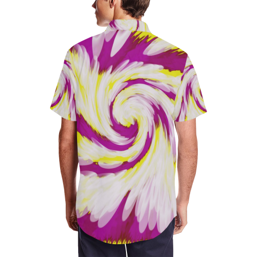 Pink Yellow Tie Dye Swirl Abstract Men's Short Sleeve Shirt with Lapel Collar (Model T54)