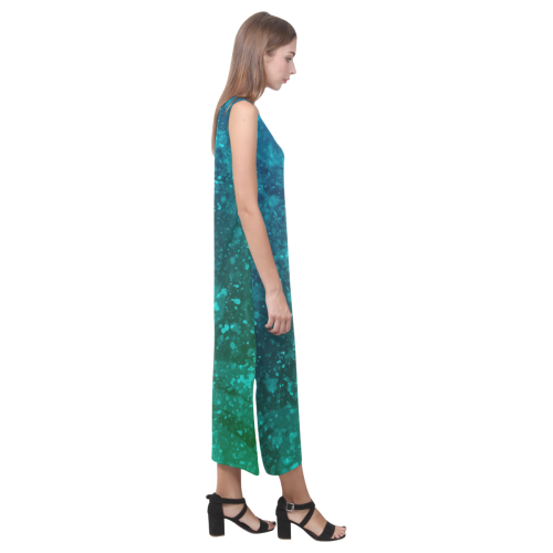 Blue and Green Abstract Phaedra Sleeveless Open Fork Long Dress (Model D08)