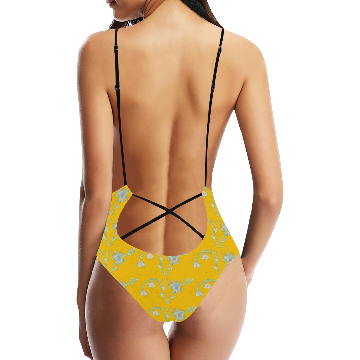 Yellow Floral Pattern Swimsuit Sexy Lacing Backless One-Piece Swimsuit (Model S10)