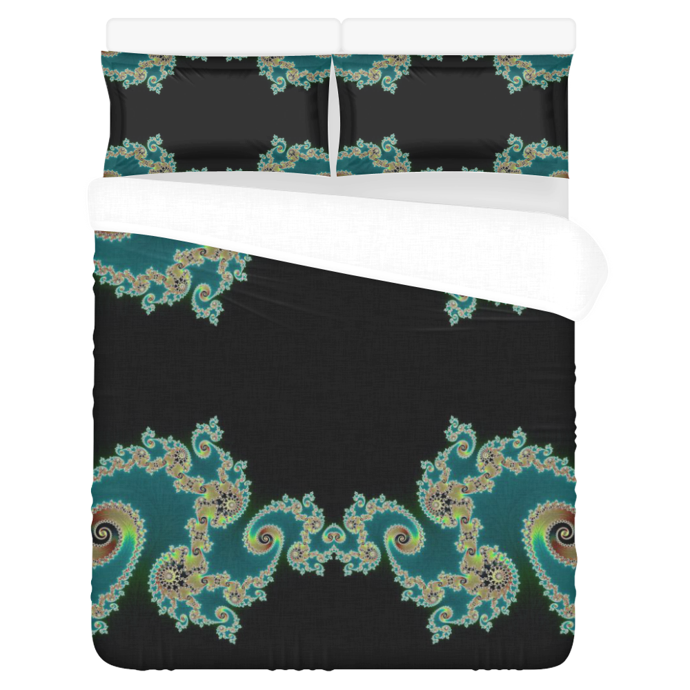 Aqua and Black  Hearts Lace Fractal Abstract 3-Piece Bedding Set